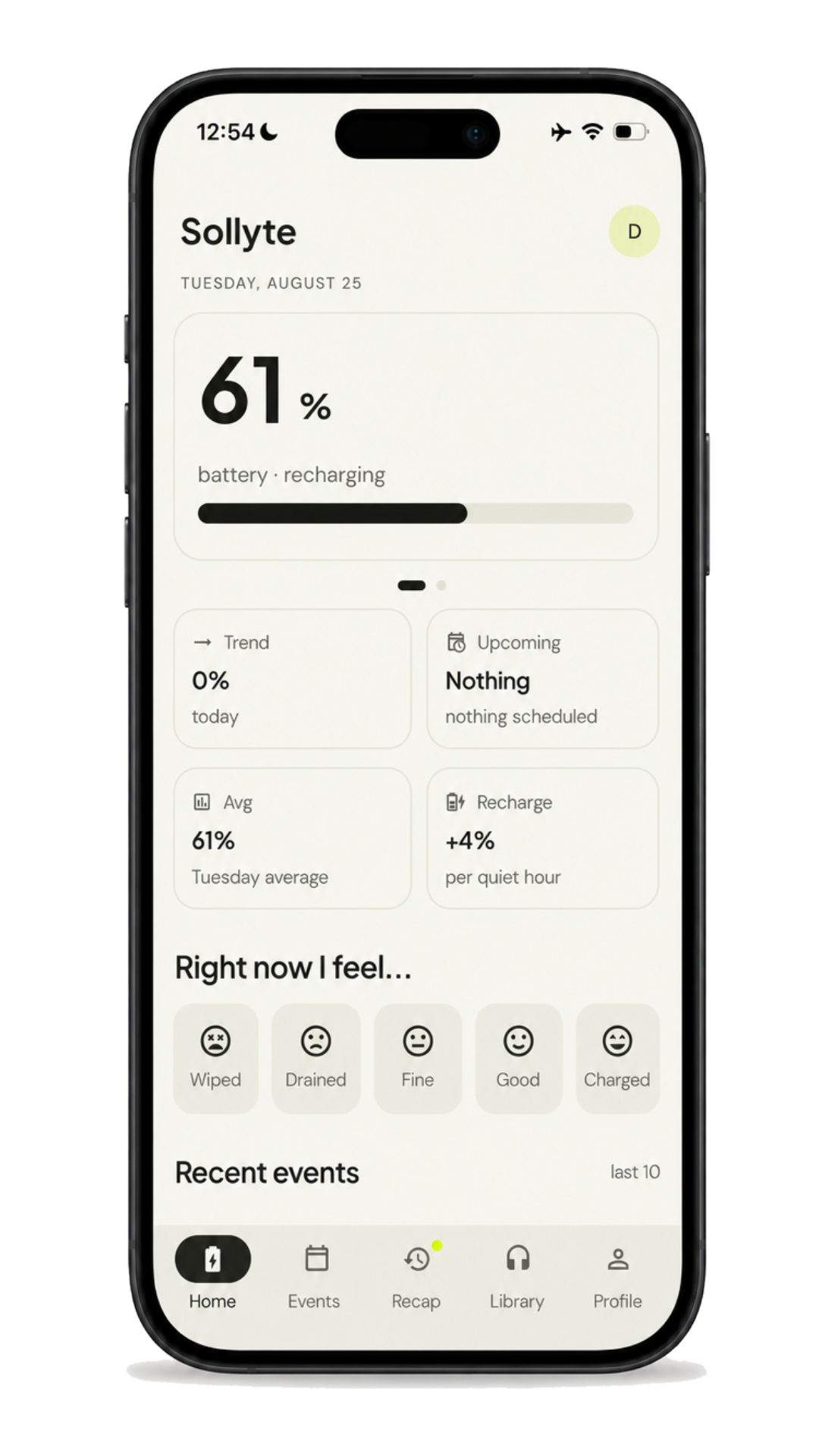 Sollyte home screen showing a social battery at 61 percent